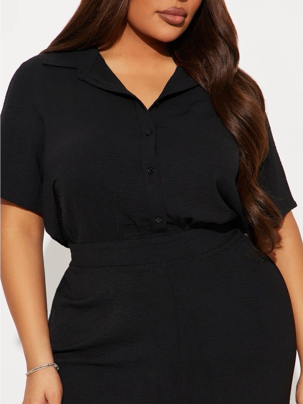 Fashion Nova Black Short-Sleeve Button-Front Jumpsuit